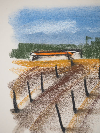 Georges LAPORTE : Vignes sous le soleil, Dessin original au pastel signé
