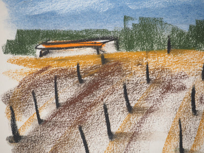 Georges LAPORTE : Vignes sous le soleil, Dessin original au pastel signé