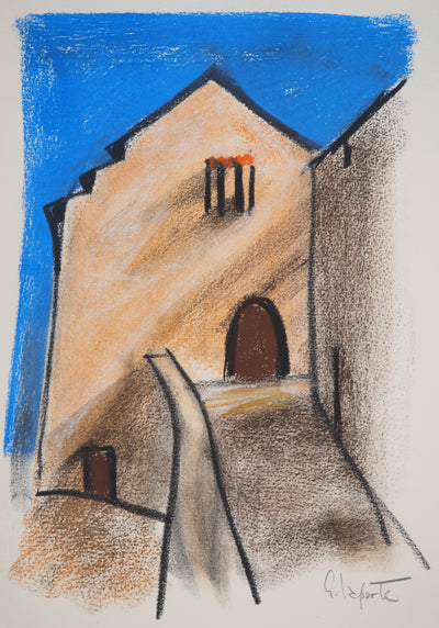 Georges LAPORTE : La maison sur fond bleu, Dessin original au pastel signé