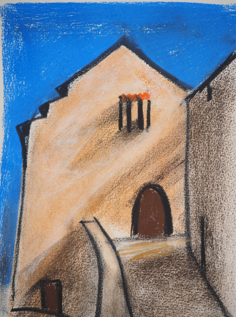 Georges LAPORTE : La maison sur fond bleu, Dessin original au pastel signé