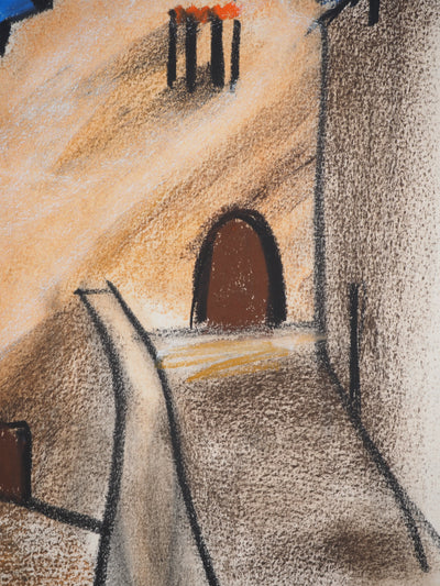 Georges LAPORTE : La maison sur fond bleu, Dessin original au pastel signé