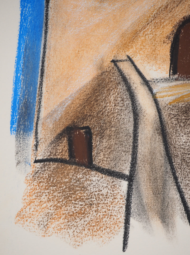 Georges LAPORTE : La maison sur fond bleu, Dessin original au pastel signé