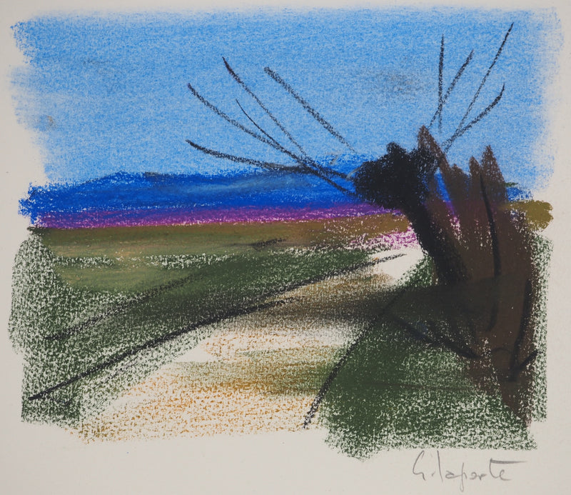 Georges LAPORTE : Solitude en bord de route, Dessin original au pastel signé