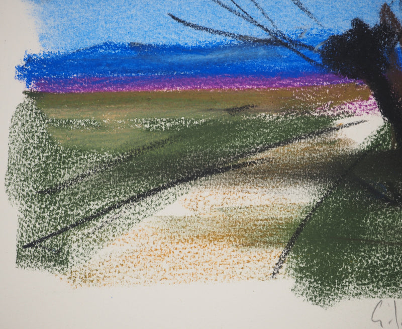 Georges LAPORTE : Solitude en bord de route, Dessin original au pastel signé