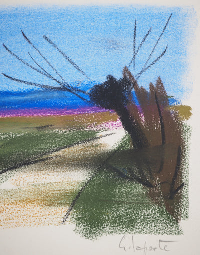 Georges LAPORTE : Solitude en bord de route, Dessin original au pastel signé