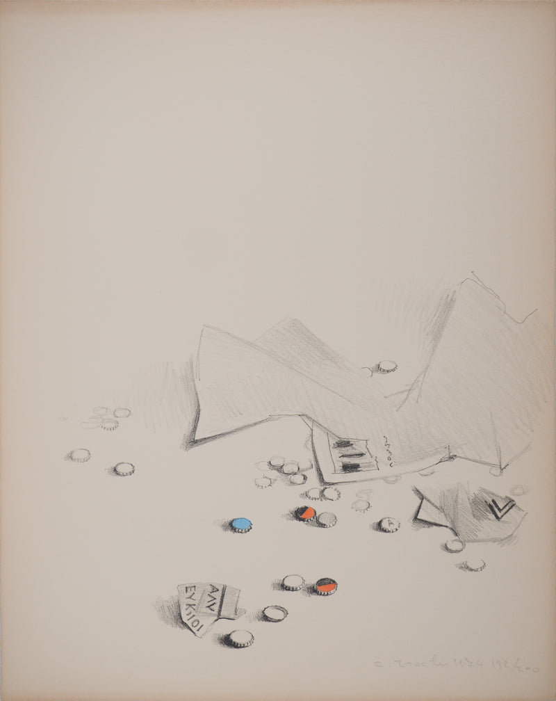 Costa TSOCLIS : Papiers et capsules, Lithographie originale signée