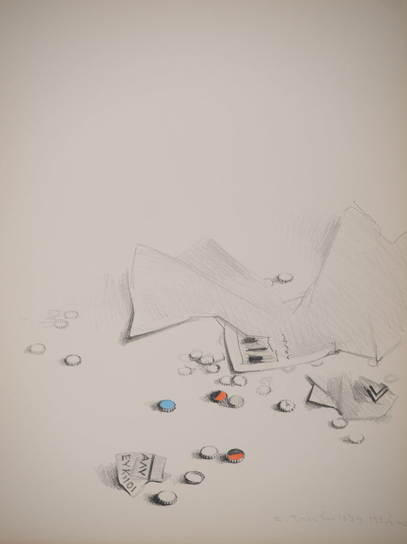 Costa TSOCLIS : Papiers et capsules, Lithographie originale signée