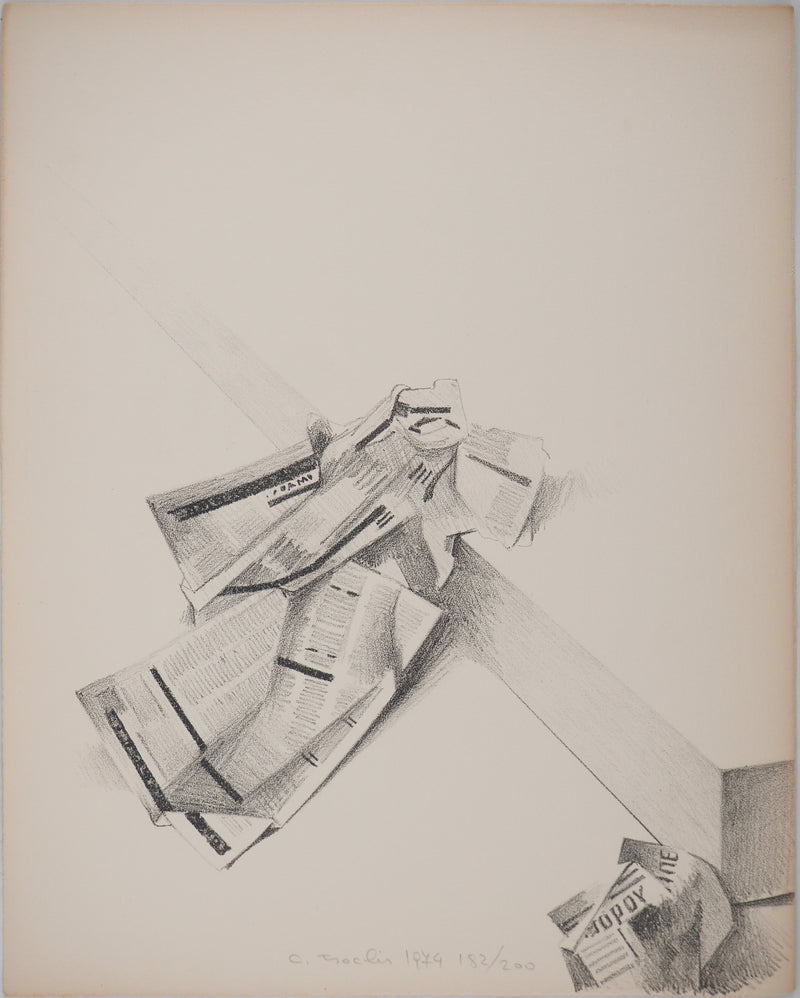Costa TSOCLIS : Morceau de journal, Lithographie originale signée