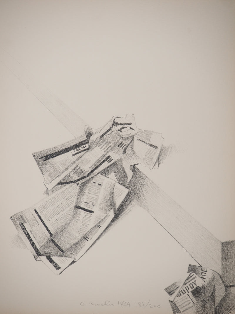 Costa TSOCLIS : Morceau de journal, Lithographie originale signée