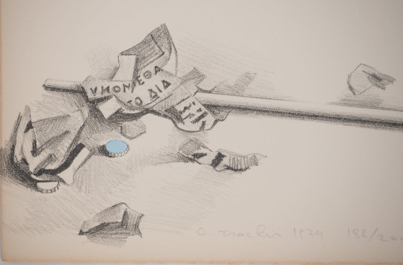 Costa TSOCLIS : Bâton et papiers, Lithographie originale signée