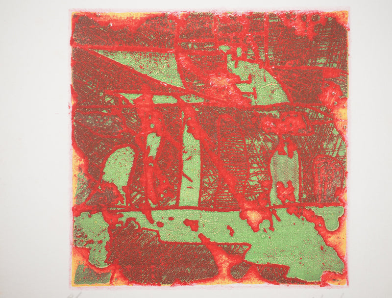 Richard RAVEN CHESTER : Composition en vert et rouge, Gravure originale (photo de détail 2) - Crédit photo : Galerie Art.Paris
