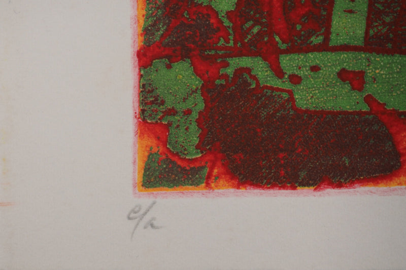 Richard RAVEN CHESTER : Composition en vert et rouge, Gravure originale (photo de détail 3) - Crédit photo : Galerie Art.Paris