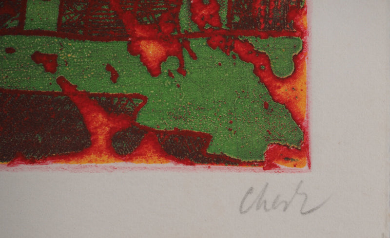 Richard RAVEN CHESTER : Composition en vert et rouge, Gravure originale (photo de détail 4) - Crédit photo : Galerie Art.Paris