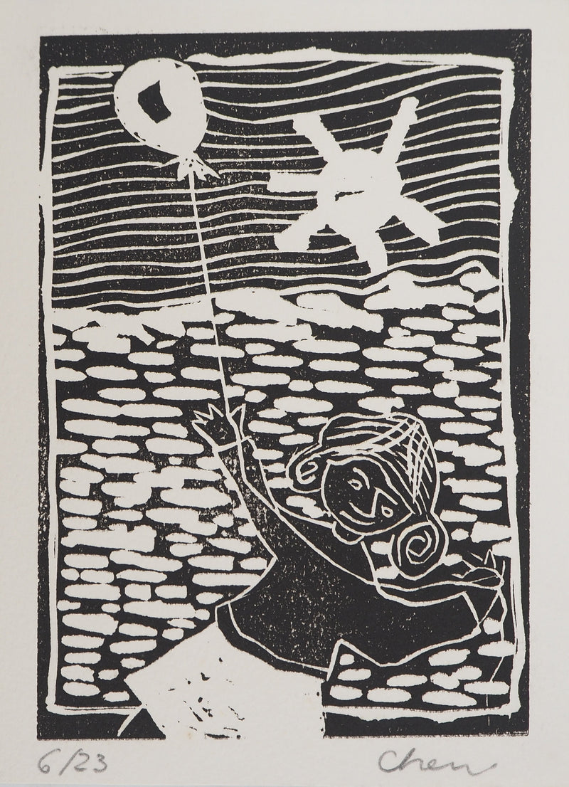 Richard RAVEN CHESTER : Petite fille au ballon, Lithographie originale (vue générale) - Crédit photo : Galerie Art.Paris