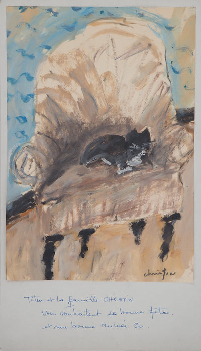 Pierre CHRISTIN : Le chat au fauteuil, Gouache originale (vue générale) - Crédit photo : Galerie Art.Paris