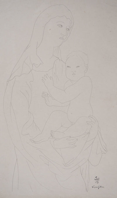 Léonard Tsuguharu FOUJITA : Vierge à l'enfant, c, Dessin original (photo de détail 6) - Crédit photo : Galerie Art.Paris