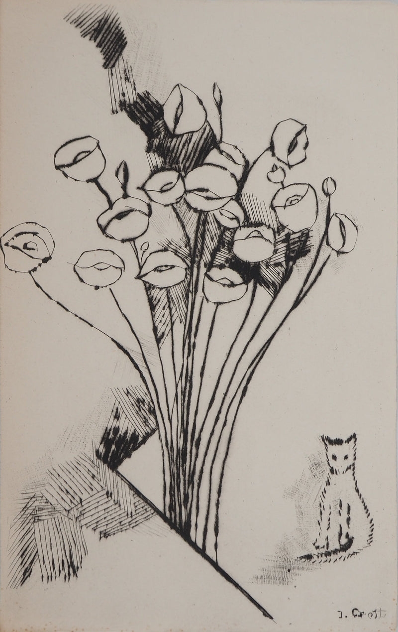 Jean-Joseph CROTTI : Coquelicots et le chaton, Gravure originale (vue générale) - Crédit photo : Galerie Art.Paris