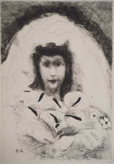 Edouard GOERG : Mariée voilée au bouquet, Gravure originale (vue générale) - Crédit photo : Galerie Art.Paris