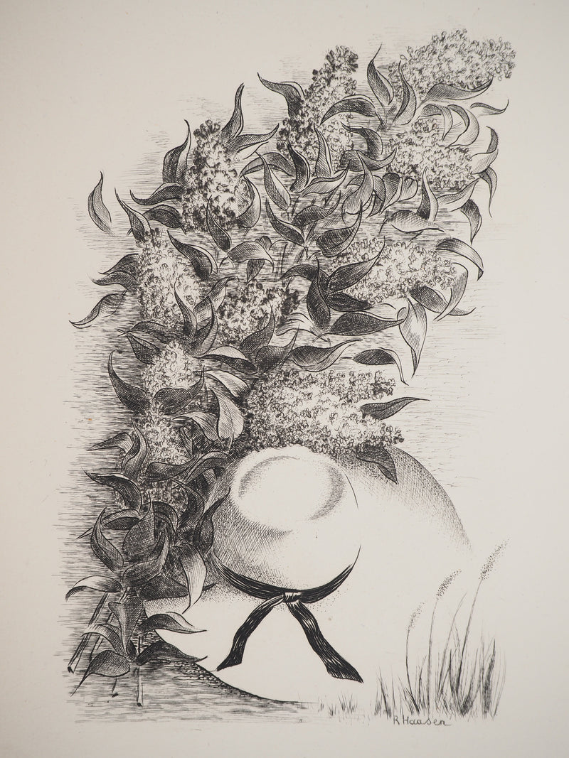 Raymond HAASEN : Chapeau et Glycine, Gravure originale (vue générale) - Crédit photo : Galerie Art.Paris