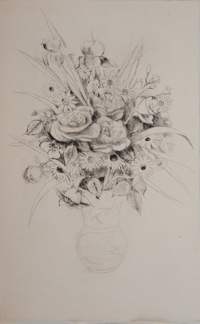 Edmond HEUZE : Bouquet dans un vase en porcelaine, Gravure originale (vue générale) - Crédit photo : Galerie Art.Paris