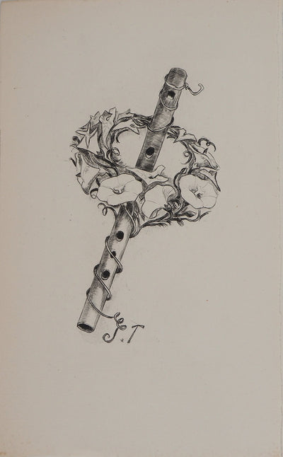 Suzanne TOURTE : Flûte et couronne de fleurs, Gravure originale (vue générale) - Crédit photo : Galerie Art.Paris