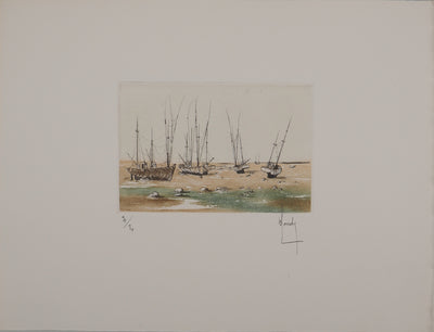 Bernard LOUEDIN : Voiliers sur la plage, Gravure originale (vue générale) - Crédit photo : Galerie Art.Paris