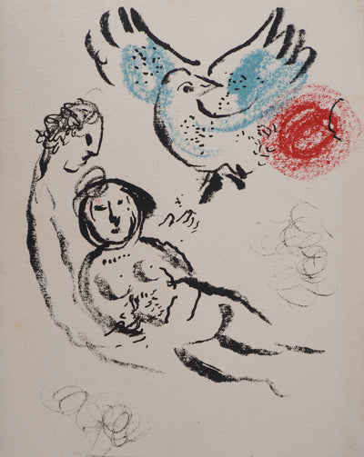 Marc CHAGALL : Les amoureux à l'oiseau, Lithographie originale (vue générale) - Crédit photo : Galerie Art.Paris