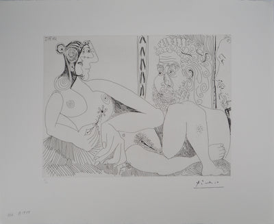 Pablo PICASSO : Femme aux fleurs et portrait de barbu, avec Degas de profil, Gravure originale (vue générale) - Crédit photo : Galerie Art.Paris