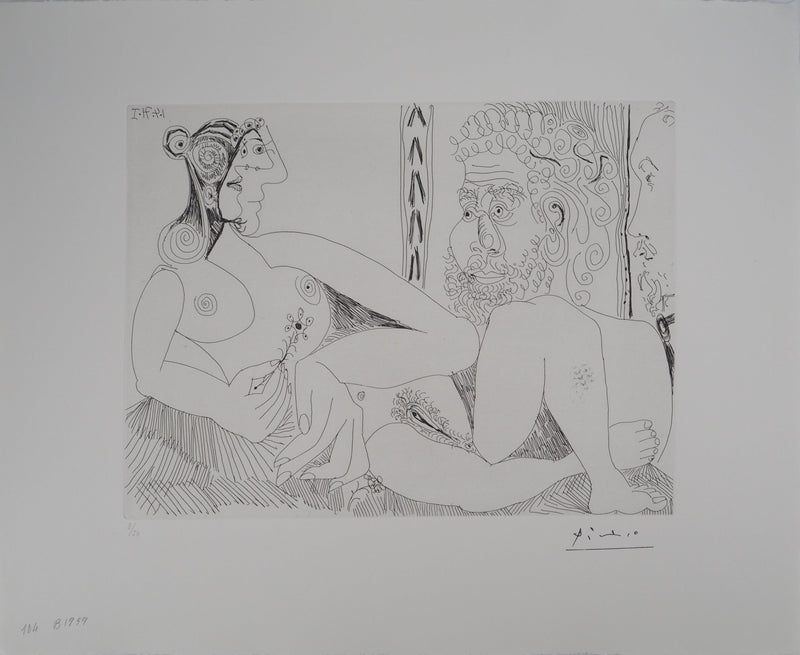 Pablo PICASSO : Femme aux fleurs et portrait de barbu, avec Degas de profil, Gravure originale (vue générale) - Crédit photo : Galerie Art.Paris