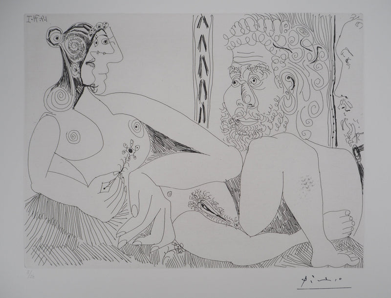 Pablo PICASSO : Femme aux fleurs et portrait de barbu, avec Degas de profil, Gravure originale (photo de détail 3) - Crédit photo : Galerie Art.Paris