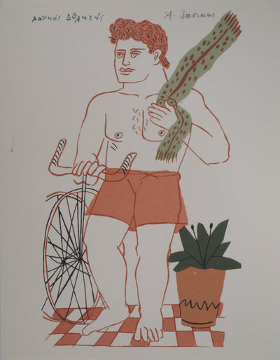 Alekos FASSIANOS : Cycliste à l'écharpe verte, Lithographie originale (vue générale) - Crédit photo : Galerie Art.Paris