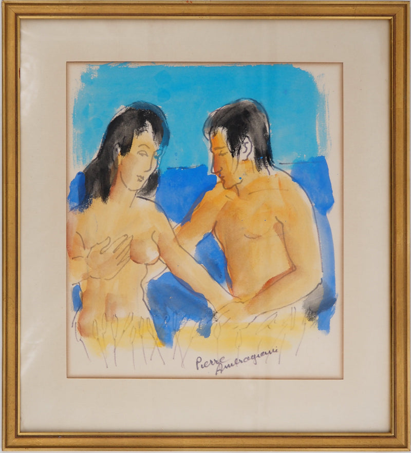Pierre AMBROGIANI : Marseille : Couple à la plage, Aquarelle originale signée