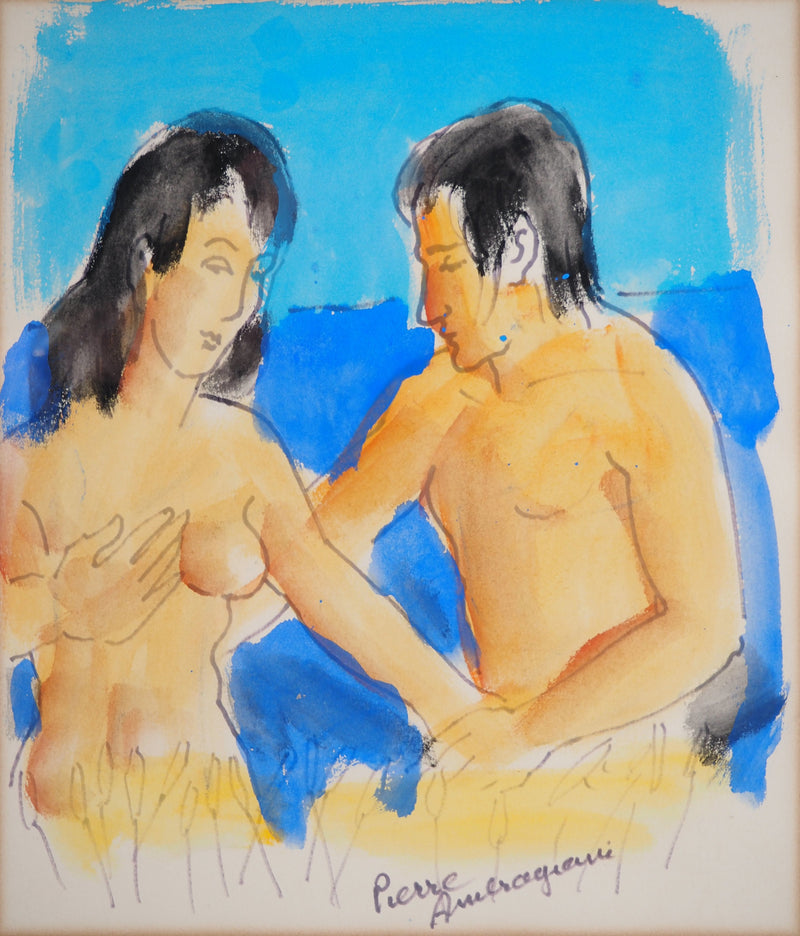 Pierre AMBROGIANI : Marseille : Couple à la plage, Aquarelle originale signée