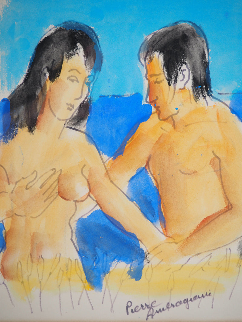Pierre AMBROGIANI : Marseille : Couple à la plage, Aquarelle originale signée
