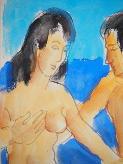 Pierre AMBROGIANI : Marseille : Couple à la plage, Aquarelle originale signée