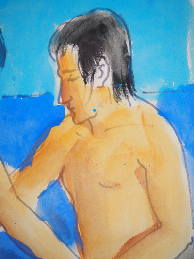 Pierre AMBROGIANI : Marseille : Couple à la plage, Aquarelle originale signée
