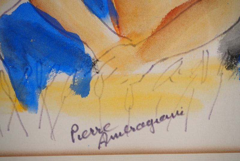 Pierre AMBROGIANI : Marseille : Couple à la plage, Aquarelle originale signée