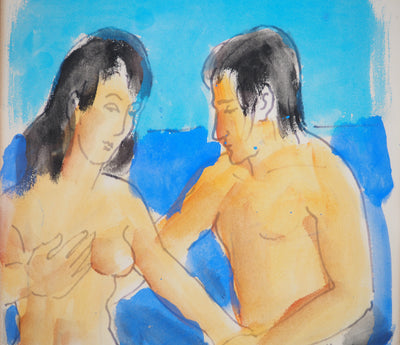 Pierre AMBROGIANI : Marseille : Couple à la plage, Aquarelle originale signée