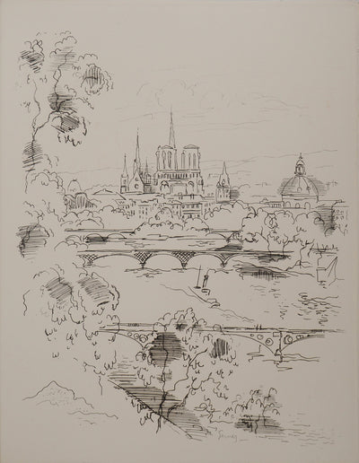 Paul-Elie GERNEZ : La gloire de Paris : Vue sur Notre Dame, Gravure originale (vue générale) - Crédit photo : Galerie Art.Paris