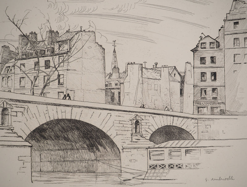 Gérard AMBROSELLI : La gloire de Paris : Le Pont Neuf, Gravure originale (photo de détail 2) - Crédit photo : Galerie Art.Paris