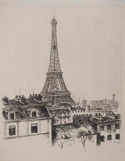 René DUREY : La gloire de Paris : Vue sur la Tour Eiffel, Gravure originale (vue générale) - Crédit photo : Galerie Art.Paris