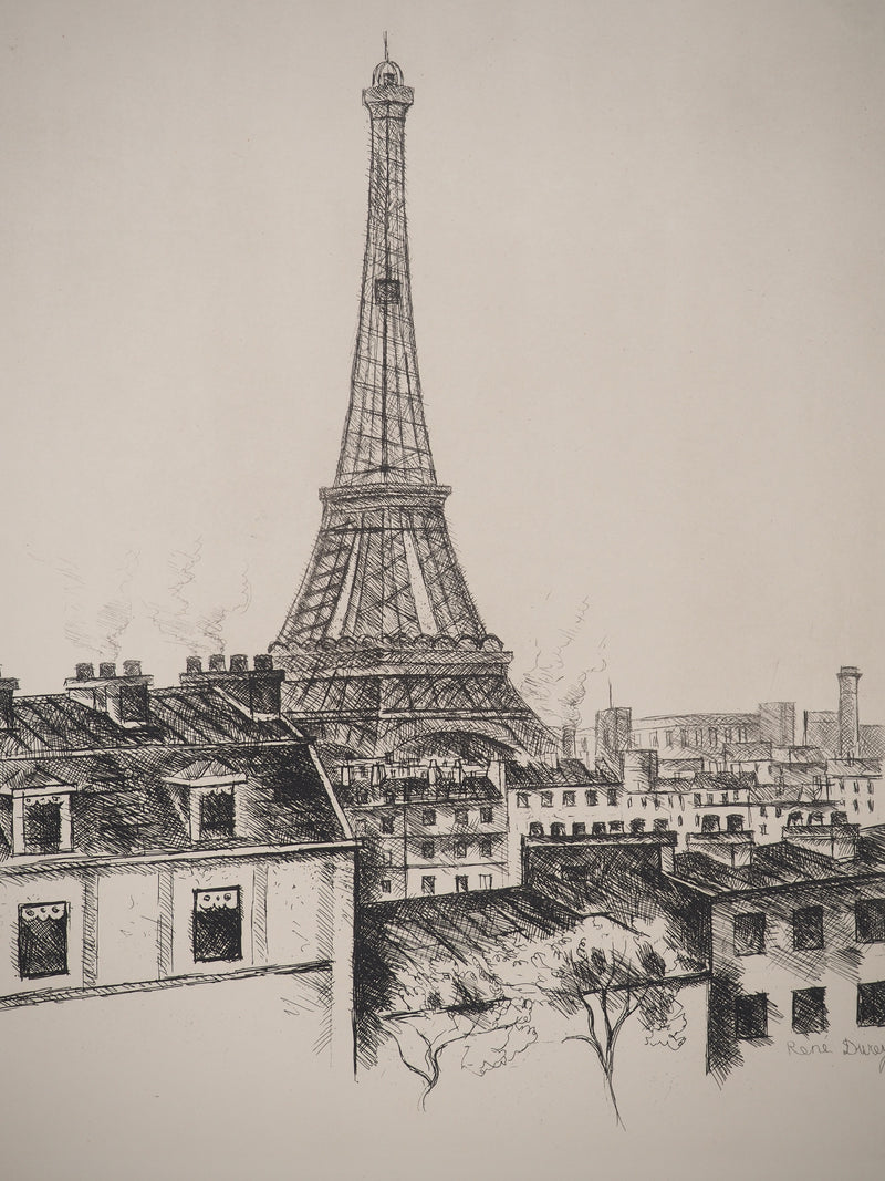 René DUREY : La gloire de Paris : Vue sur la Tour Eiffel, Gravure originale (photo de détail 2) - Crédit photo : Galerie Art.Paris