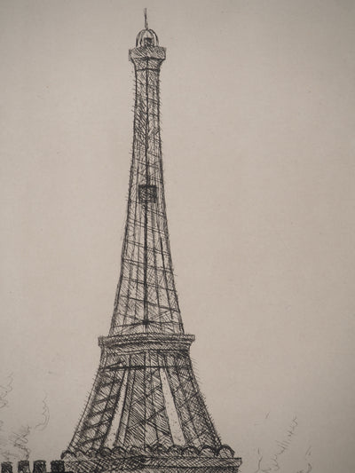 René DUREY : La gloire de Paris : Vue sur la Tour Eiffel, Gravure originale (photo de détail 4) - Crédit photo : Galerie Art.Paris