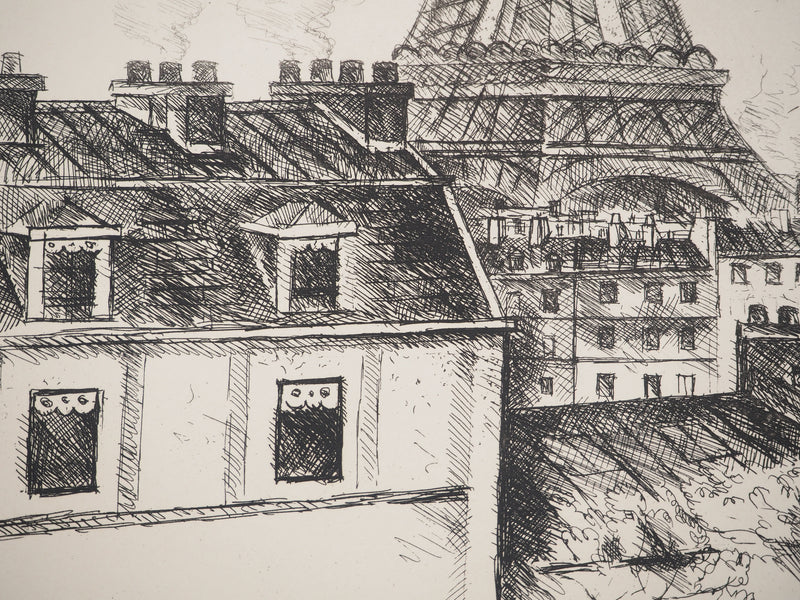 René DUREY : La gloire de Paris : Vue sur la Tour Eiffel, Gravure originale (photo de détail 5) - Crédit photo : Galerie Art.Paris