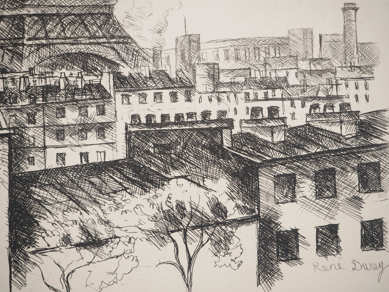 René DUREY : La gloire de Paris : Vue sur la Tour Eiffel, Gravure originale (photo de détail 6) - Crédit photo : Galerie Art.Paris
