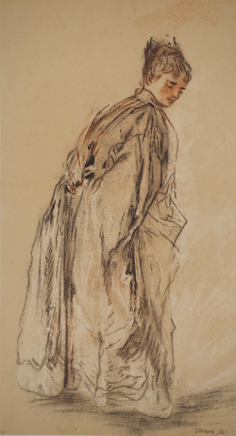 Antoine WATTEAU : Femme au manteau, Héliogravure originale (photo de détail 2) - Crédit photo : Galerie Art.Paris