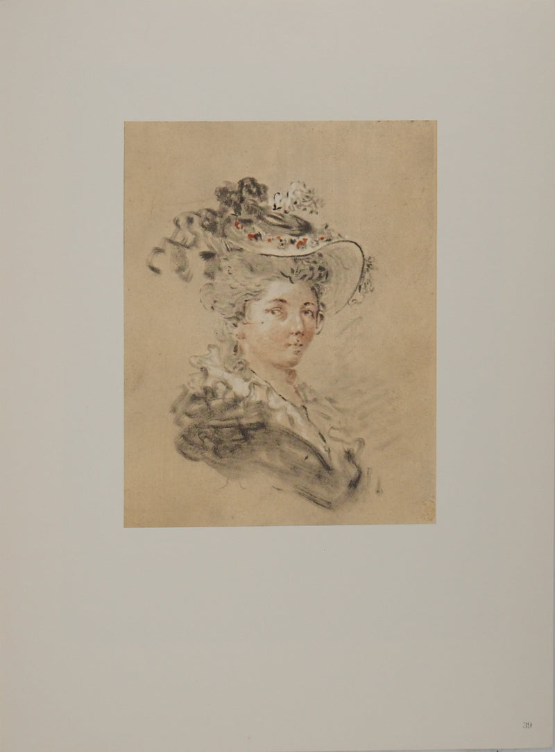 Jean-Honoré FRAGONARD : Jeune femme au chapeau à plumes, Héliogravure originale (photo de détail 2) - Crédit photo : Galerie Art.Paris