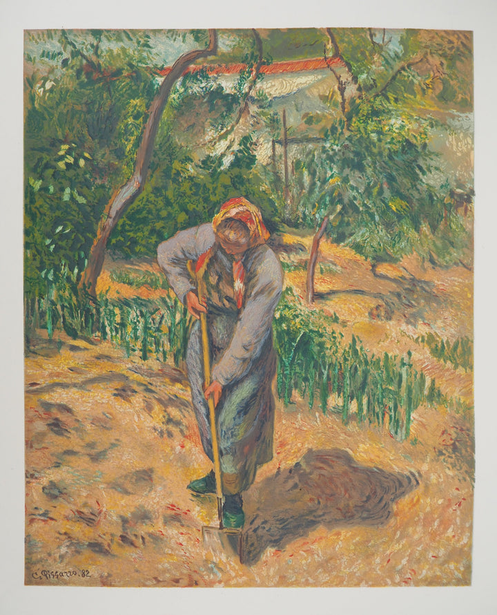 Camille PISSARRO: Woman with a red scarf gardening, Original