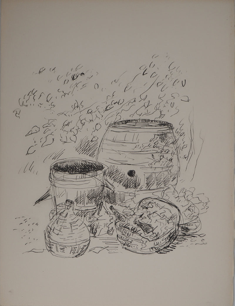 André DUNOYER DE SEGONZAC : Les tonneaux de vin, Lithographie originale (vue générale) - Crédit photo : Galerie Art.Paris