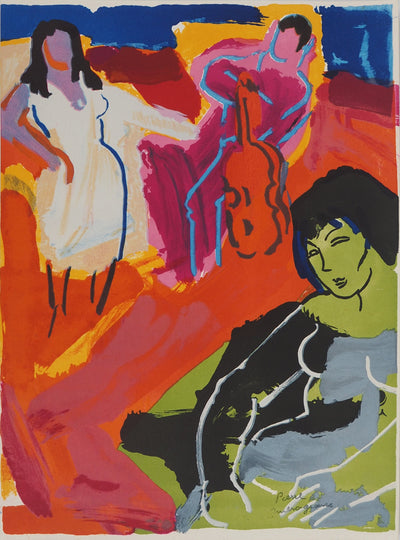 Pierre AMBROGIANI : Les deux beautés et le musicien, Lithographie originale (vue générale) - Crédit photo : Galerie Art.Paris